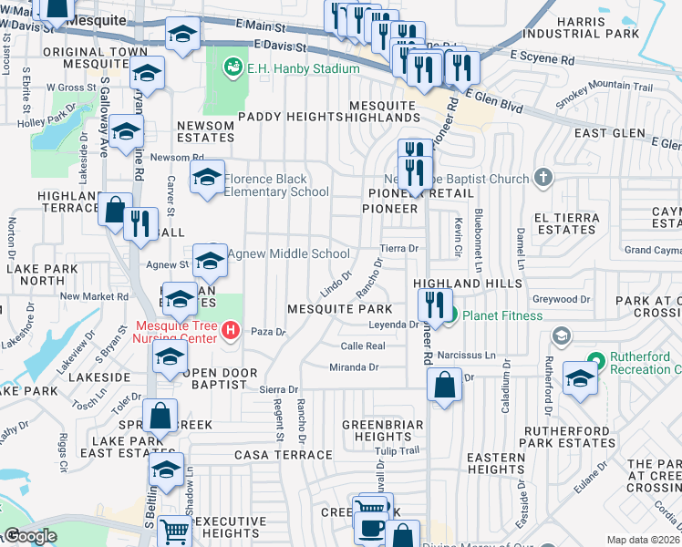 map of restaurants, bars, coffee shops, grocery stores, and more near 828 Camino Drive in Mesquite