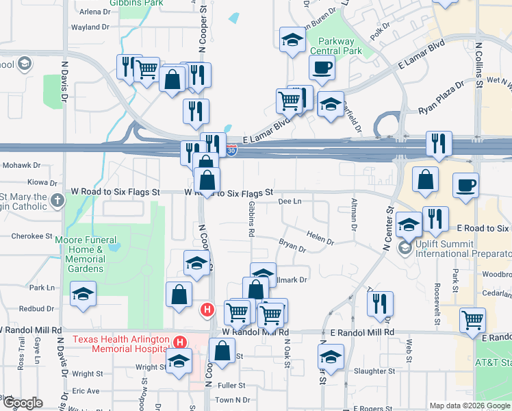 map of restaurants, bars, coffee shops, grocery stores, and more near 500 West Road to Six Flags Street in Arlington