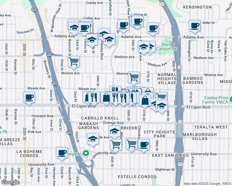 map of restaurants, bars, coffee shops, grocery stores, and more near in San Diego