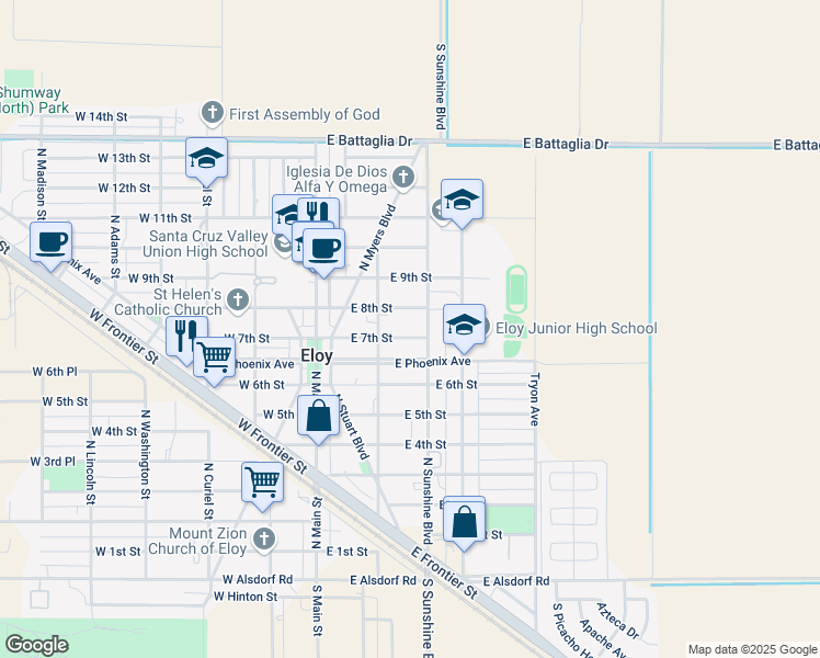 map of restaurants, bars, coffee shops, grocery stores, and more near 706 North Sunshine Boulevard in Eloy