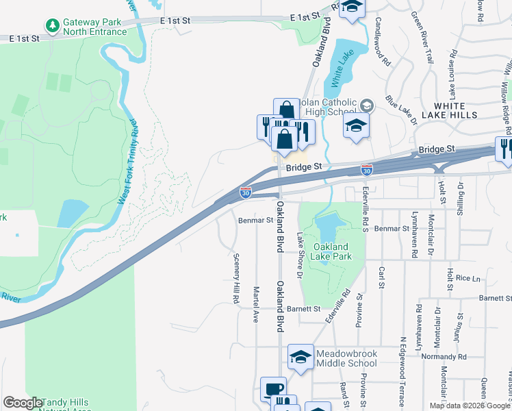 map of restaurants, bars, coffee shops, grocery stores, and more near 4070 Menzer Road in Fort Worth