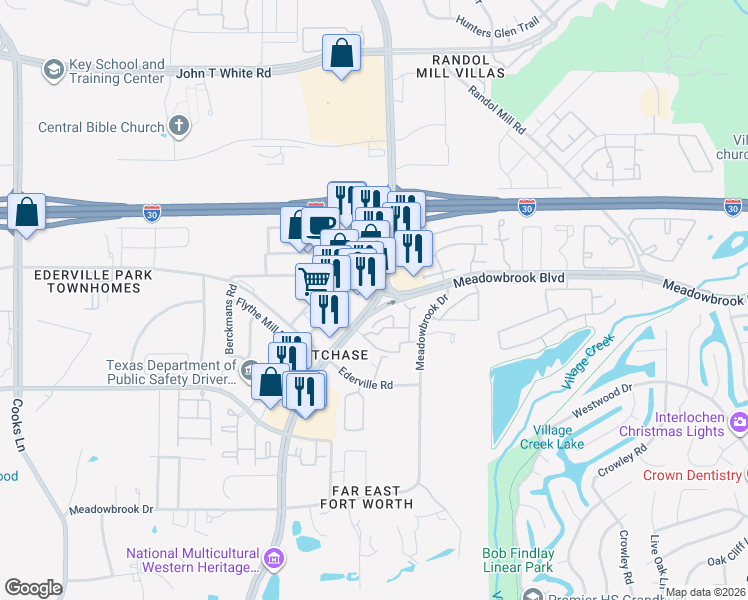 map of restaurants, bars, coffee shops, grocery stores, and more near Eastchase Parkway in Fort Worth