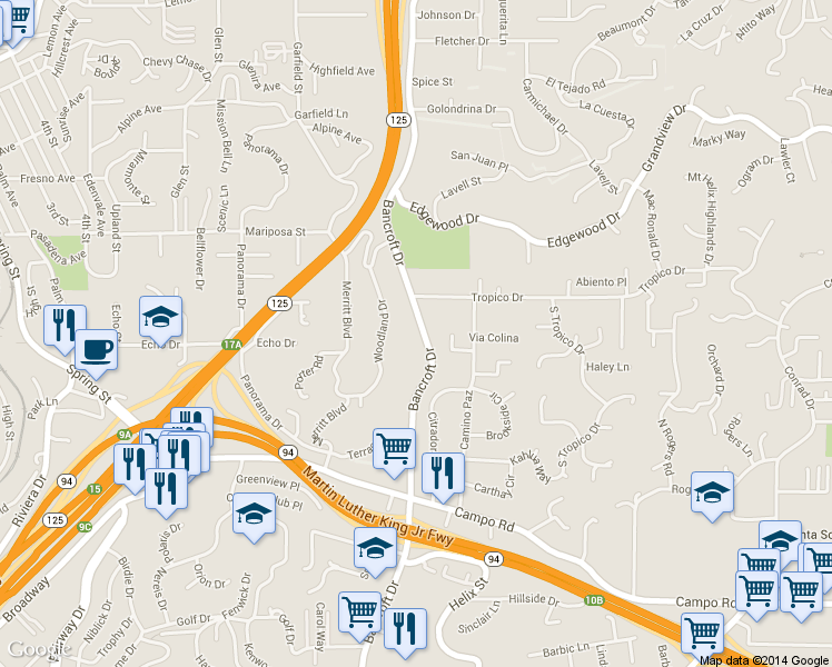 map of restaurants, bars, coffee shops, grocery stores, and more near 4262 Bancroft Drive in La Mesa