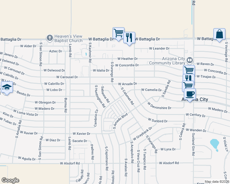 map of restaurants, bars, coffee shops, grocery stores, and more near 13524 South Durango Road in Arizona City