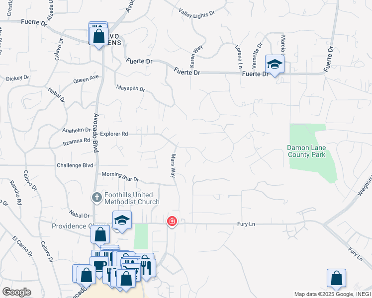map of restaurants, bars, coffee shops, grocery stores, and more near 11028 Explorer Road in La Mesa