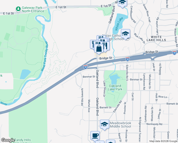 map of restaurants, bars, coffee shops, grocery stores, and more near 4070 Menzer Road in Fort Worth