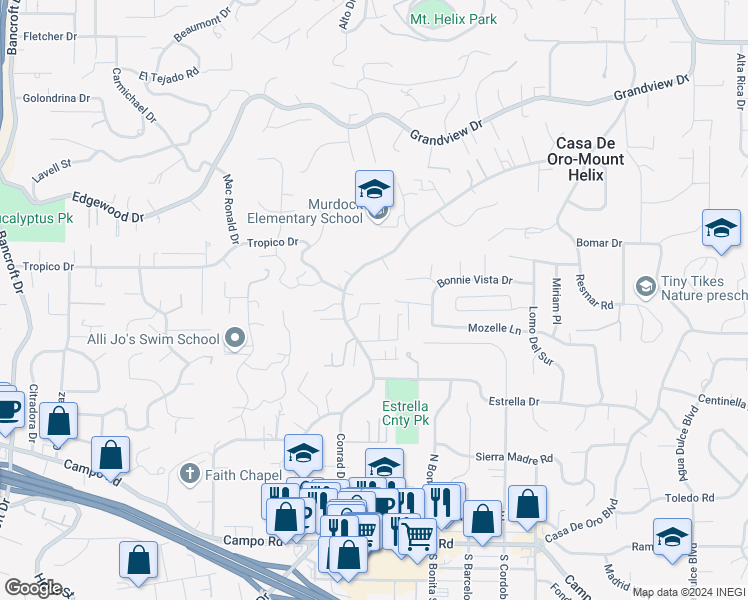 map of restaurants, bars, coffee shops, grocery stores, and more near 9798 Crimson Fire Court in La Mesa