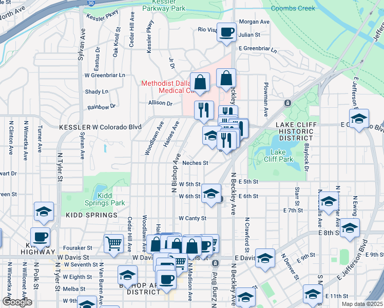 map of restaurants, bars, coffee shops, grocery stores, and more near 1119 North Madison Avenue in Dallas