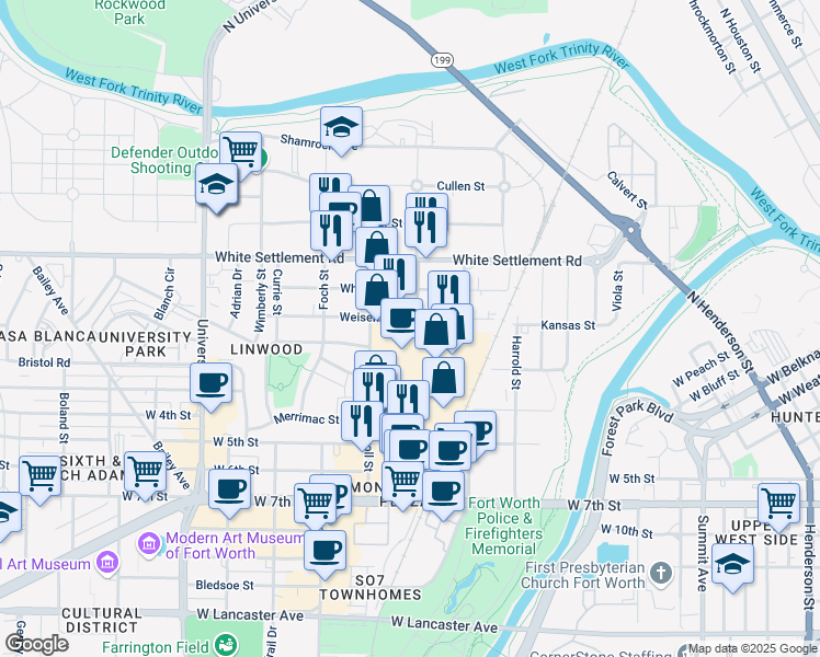 map of restaurants, bars, coffee shops, grocery stores, and more near 2601 Weisenberger Street in Fort Worth