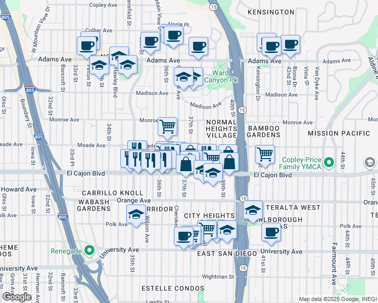 map of restaurants, bars, coffee shops, grocery stores, and more near South 37th Street in San Diego