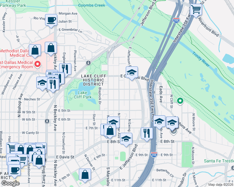 map of restaurants, bars, coffee shops, grocery stores, and more near 715 North Lancaster Avenue in Dallas