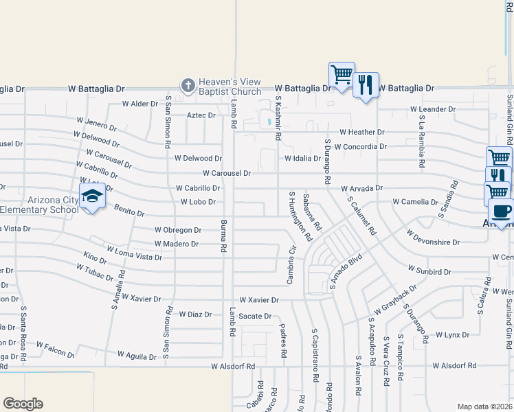 map of restaurants, bars, coffee shops, grocery stores, and more near 11119 Hobbit Drive in Arizona City