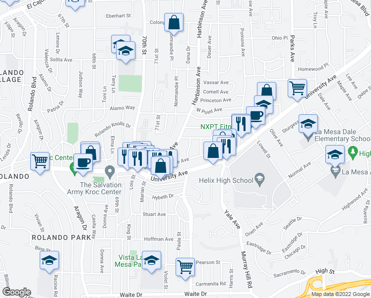 map of restaurants, bars, coffee shops, grocery stores, and more near 4324 Oxford Street in La Mesa