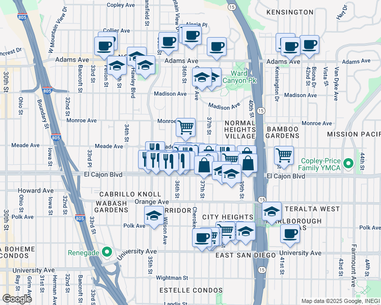 map of restaurants, bars, coffee shops, grocery stores, and more near 3683 Meade Avenue in San Diego