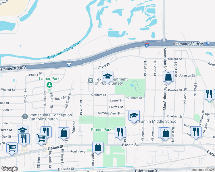 map of restaurants, bars, coffee shops, grocery stores, and more near 2444 Graham Street in Grand Prairie