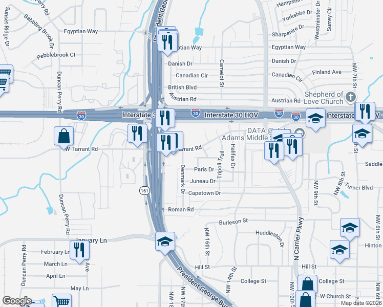 map of restaurants, bars, coffee shops, grocery stores, and more near 1618 Westridge Street in Grand Prairie