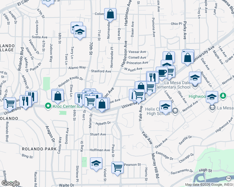 map of restaurants, bars, coffee shops, grocery stores, and more near 4324 Oxford Street in La Mesa