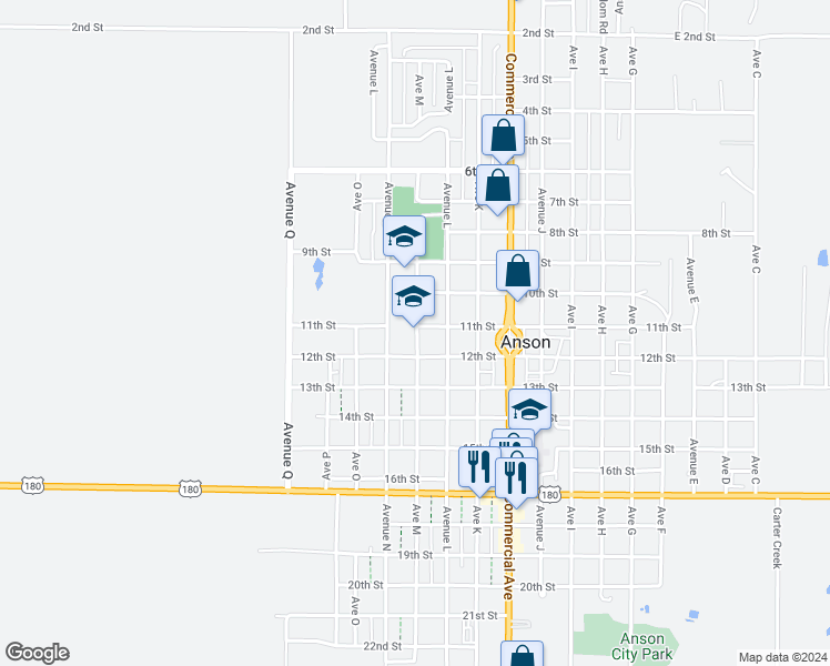 map of restaurants, bars, coffee shops, grocery stores, and more near 1120 Avenue M in Anson