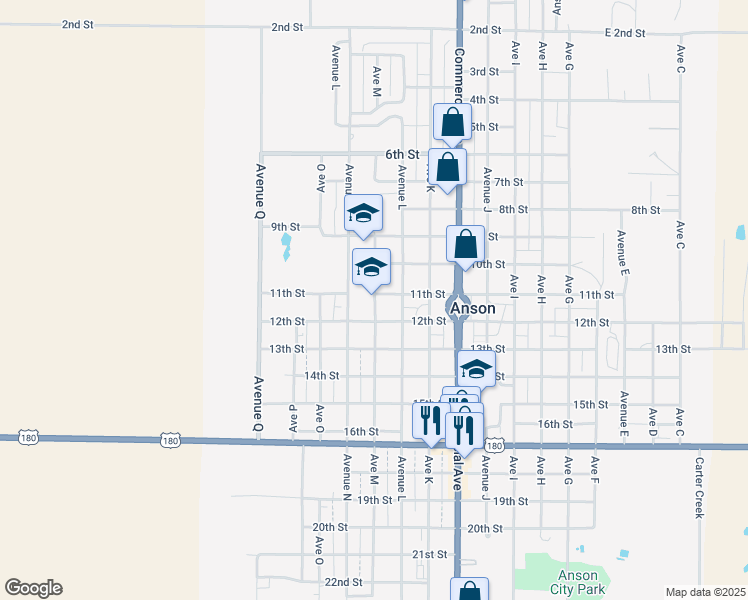 map of restaurants, bars, coffee shops, grocery stores, and more near 1120 Avenue M in Anson