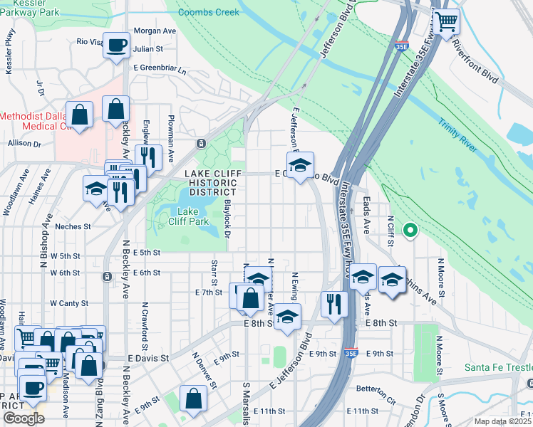 map of restaurants, bars, coffee shops, grocery stores, and more near 727 North Lancaster Avenue in Dallas