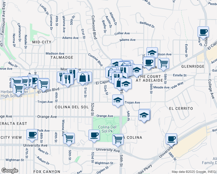 map of restaurants, bars, coffee shops, grocery stores, and more near 5316 Meade Avenue in San Diego