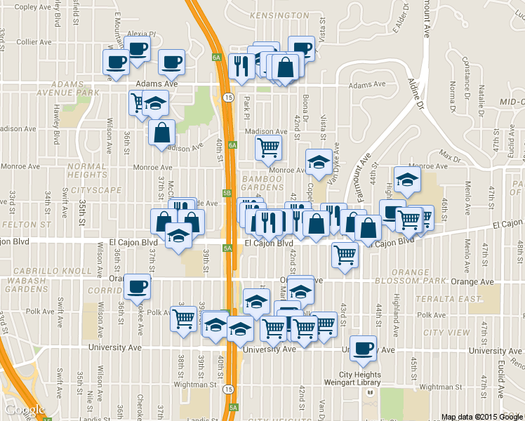 map of restaurants, bars, coffee shops, grocery stores, and more near 4357 Marlborough Avenue in San Diego