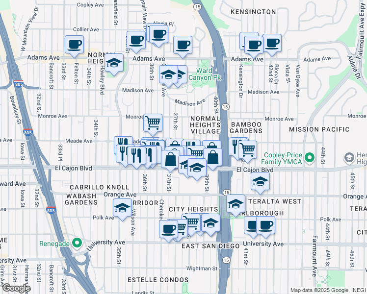 map of restaurants, bars, coffee shops, grocery stores, and more near 4393 McClintock Street in San Diego