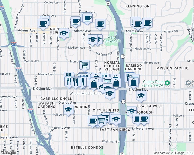 map of restaurants, bars, coffee shops, grocery stores, and more near 4393 McClintock Street in San Diego