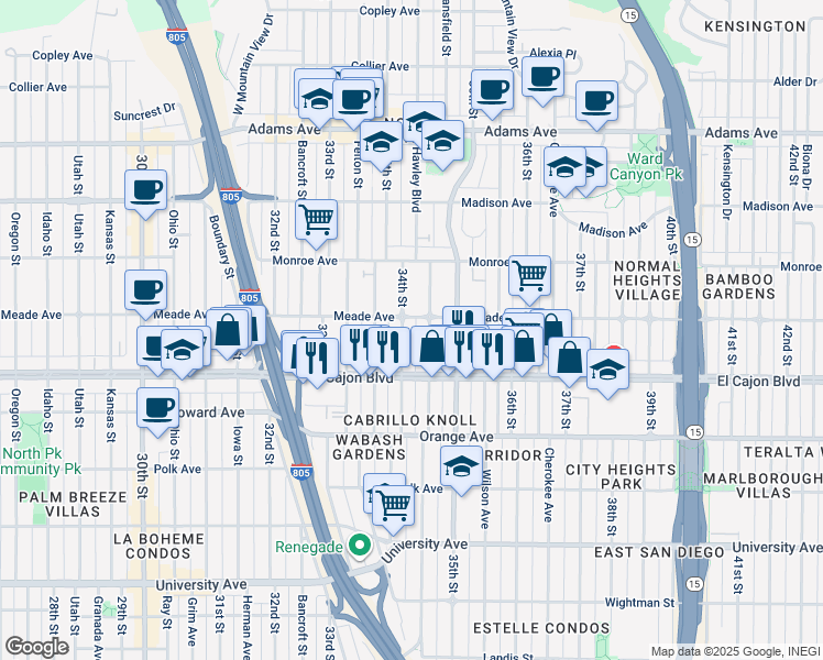 map of restaurants, bars, coffee shops, grocery stores, and more near 3403 Meade Avenue in San Diego