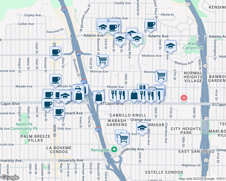 map of restaurants, bars, coffee shops, grocery stores, and more near 3333 Meade Avenue in San Diego