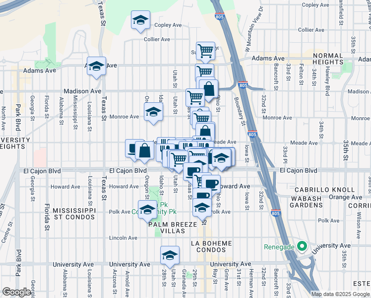 map of restaurants, bars, coffee shops, grocery stores, and more near 4384 Kansas Street in San Diego