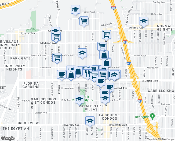 map of restaurants, bars, coffee shops, grocery stores, and more near 4383 Idaho Street in San Diego