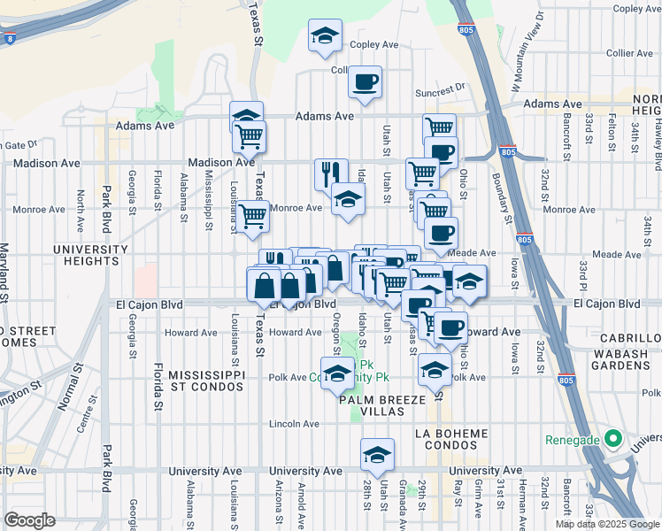 map of restaurants, bars, coffee shops, grocery stores, and more near 2705 Meade Avenue in San Diego