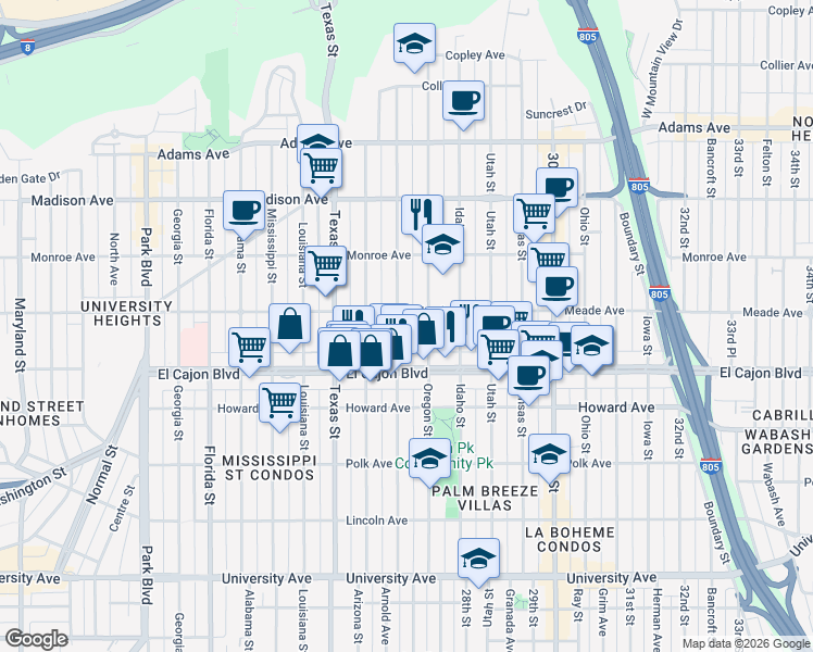 map of restaurants, bars, coffee shops, grocery stores, and more near 4384 Hamilton Street in San Diego