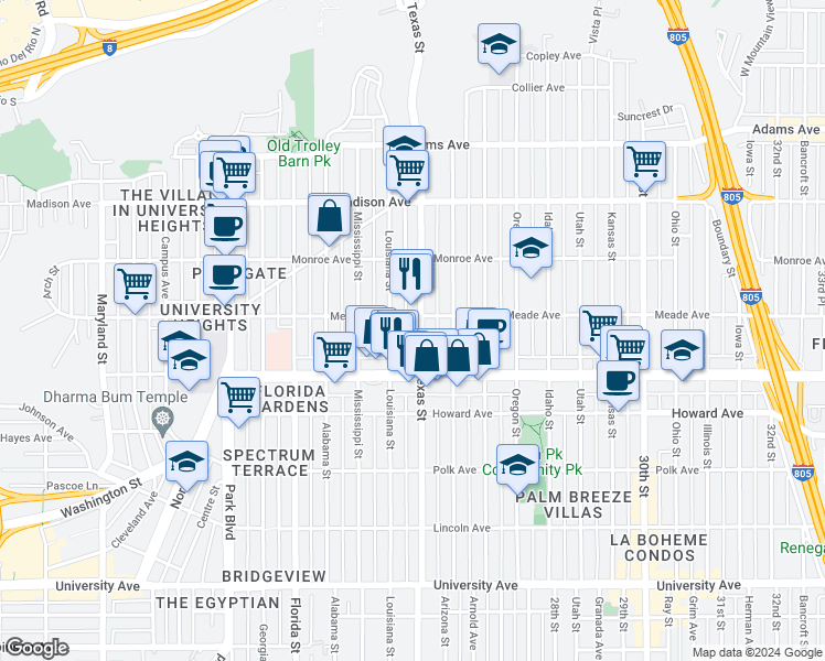 map of restaurants, bars, coffee shops, grocery stores, and more near 2317 Meade Avenue in San Diego