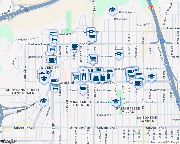map of restaurants, bars, coffee shops, grocery stores, and more near 2317 Meade Avenue in San Diego