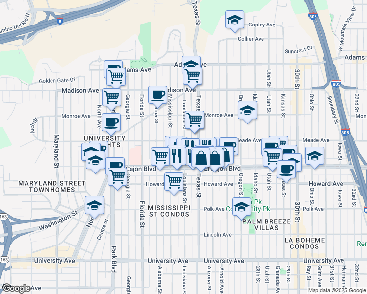 map of restaurants, bars, coffee shops, grocery stores, and more near 2317 Meade Avenue in San Diego