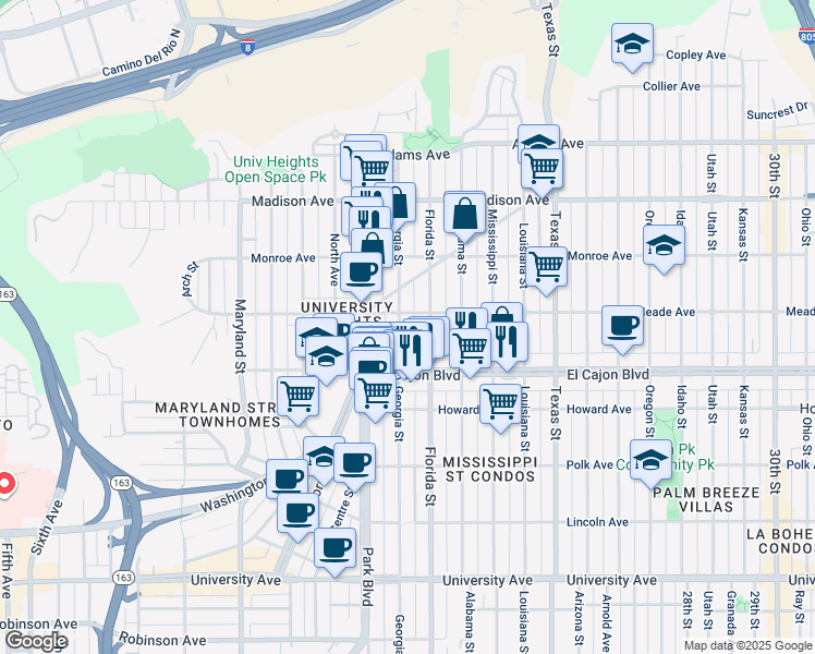 map of restaurants, bars, coffee shops, grocery stores, and more near 1947 Meade Avenue in San Diego