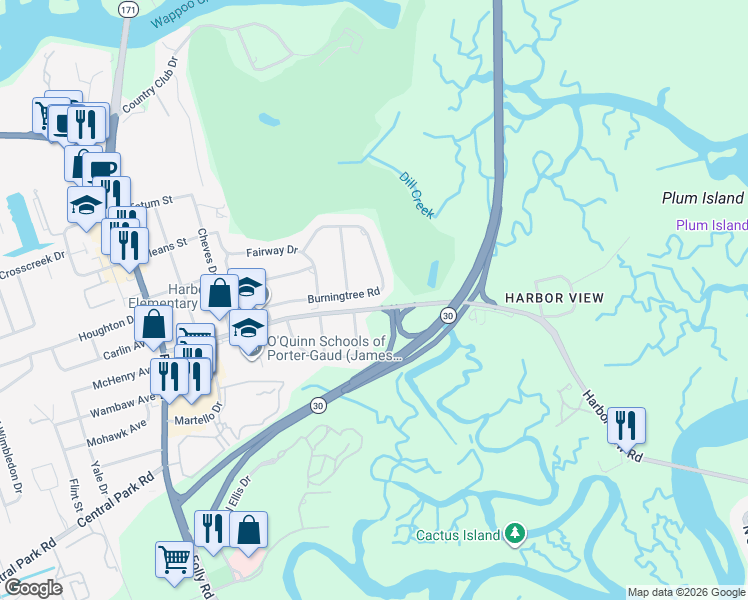 map of restaurants, bars, coffee shops, grocery stores, and more near 1471 Burningtree Road in Charleston
