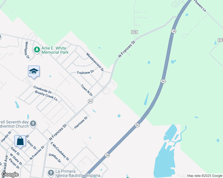 map of restaurants, bars, coffee shops, grocery stores, and more near 1910 North Frances Street in Terrell