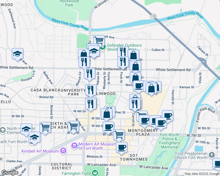 map of restaurants, bars, coffee shops, grocery stores, and more near 2825 Weisenberger Street in Fort Worth