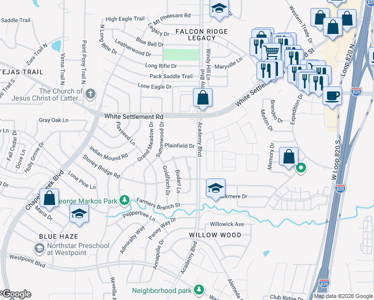 map of restaurants, bars, coffee shops, grocery stores, and more near 9919 Plainfield Drive in Fort Worth