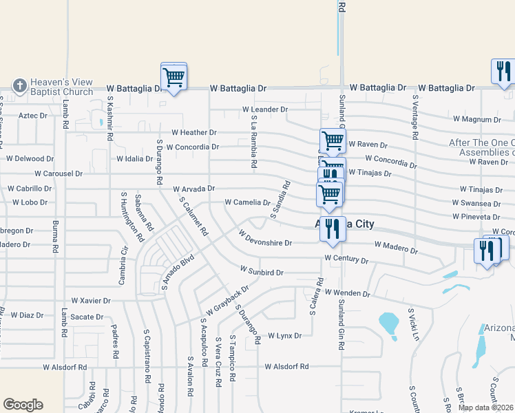 map of restaurants, bars, coffee shops, grocery stores, and more near 10113 West Camelia Drive in Arizona City