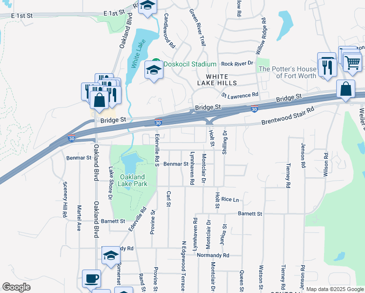 map of restaurants, bars, coffee shops, grocery stores, and more near 4513 Menzer Road in Fort Worth
