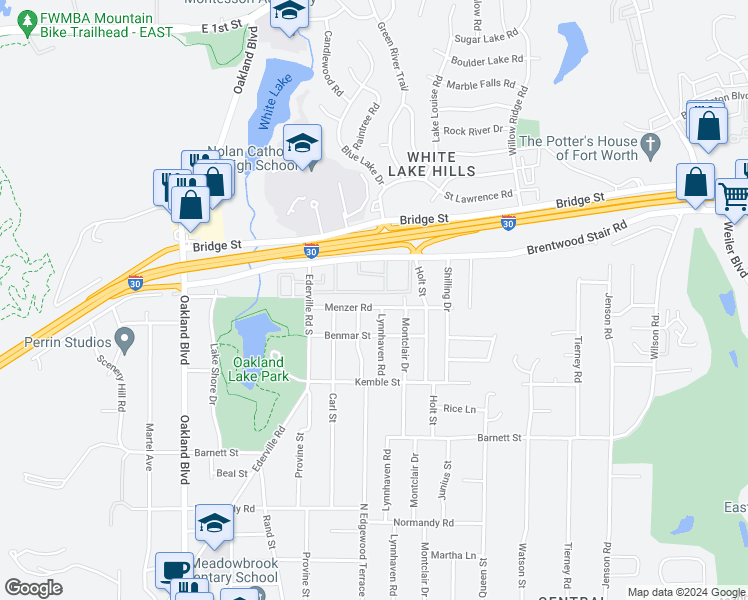 map of restaurants, bars, coffee shops, grocery stores, and more near 4605 Menzer Road in Fort Worth