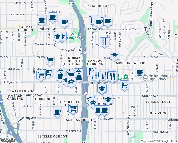 map of restaurants, bars, coffee shops, grocery stores, and more near 4055 Meade Avenue in San Diego