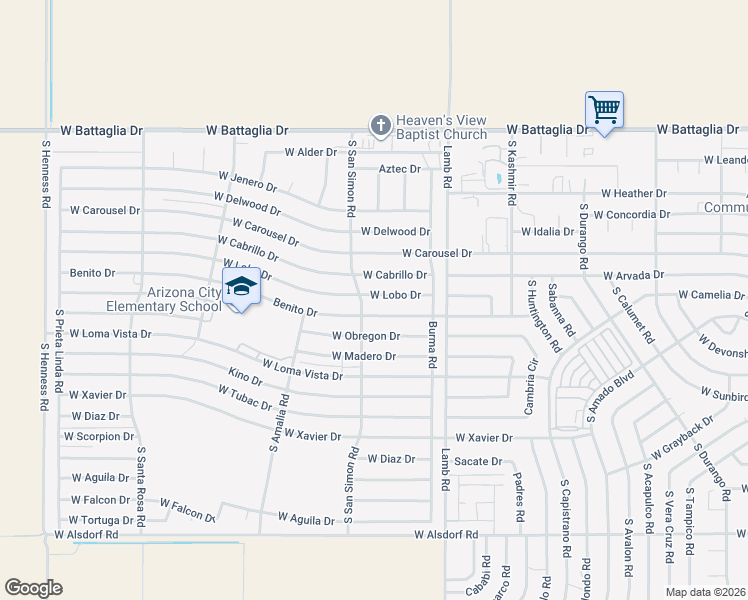 map of restaurants, bars, coffee shops, grocery stores, and more near 11529 West Lobo Drive in Arizona City