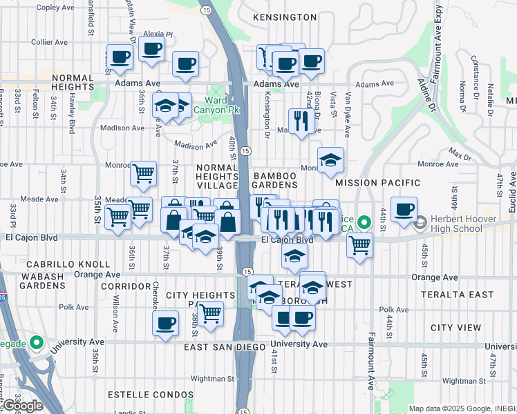 map of restaurants, bars, coffee shops, grocery stores, and more near 4383-85 Central Avenue in San Diego