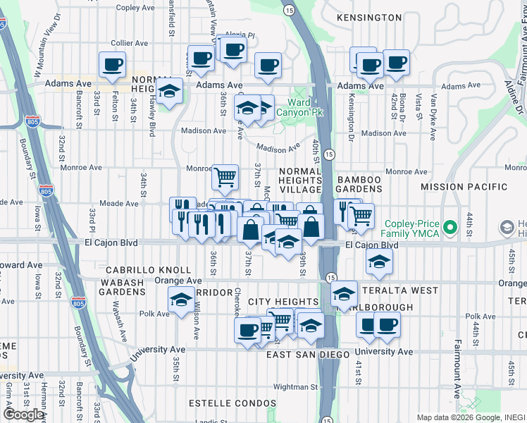 map of restaurants, bars, coffee shops, grocery stores, and more near 4393 McClintock Street in San Diego