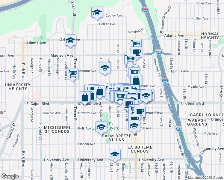 map of restaurants, bars, coffee shops, grocery stores, and more near 4383 Idaho Street in San Diego